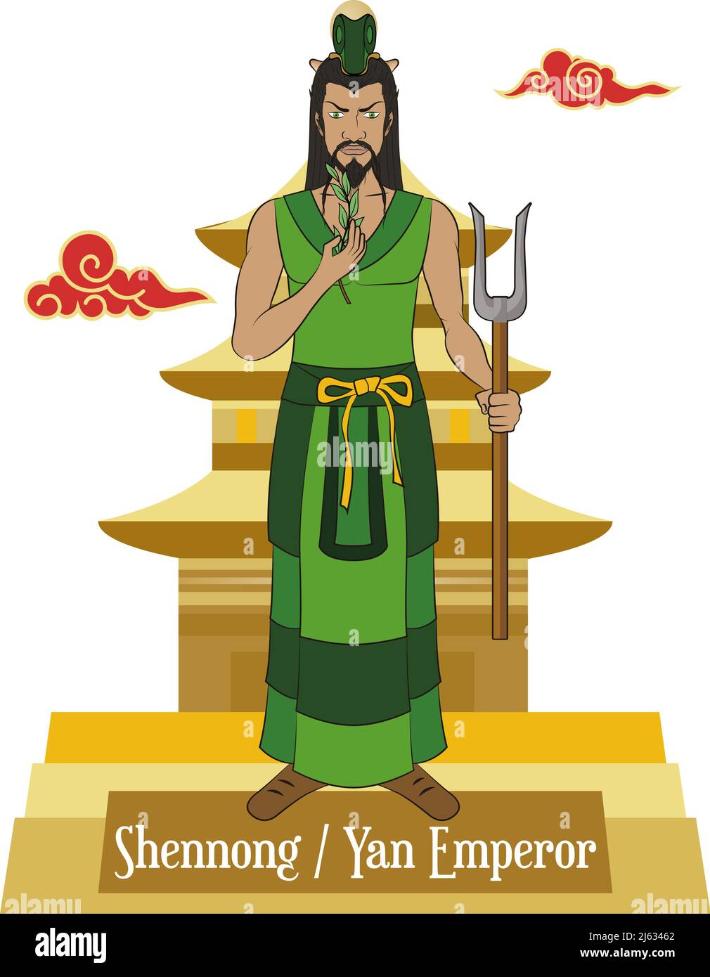 Isolated illustration vector of mythical Chinese god, Shennong, Yan Emperor, Divine Farmer, Agriculture God. Stock Vector
