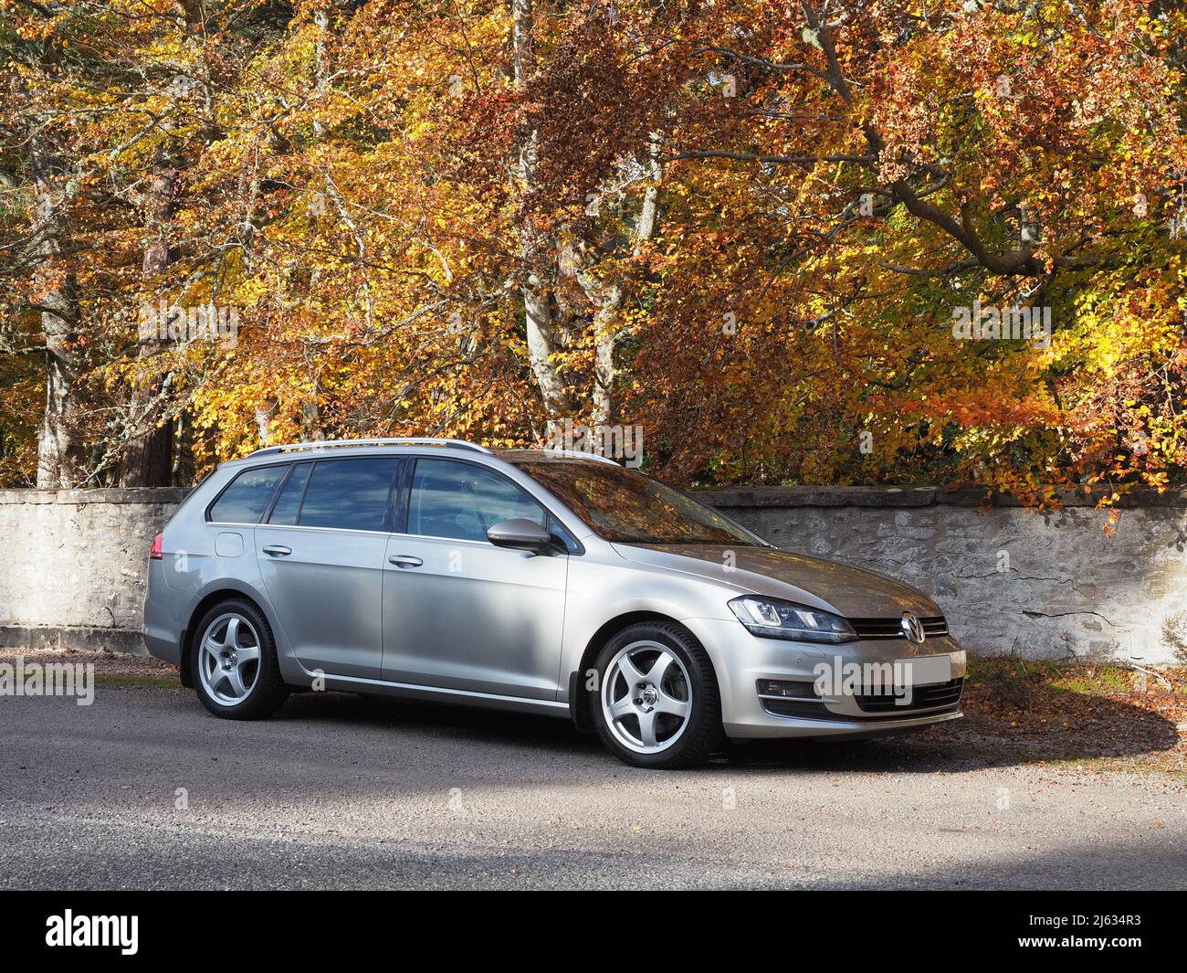 Tungsten silver Volkswagen Golf MK7 estate, variant, Team Dynamics Pro Race 3 Alloys. Trees with leaves in full autumnal colours & an old stone wall. Stock Photo