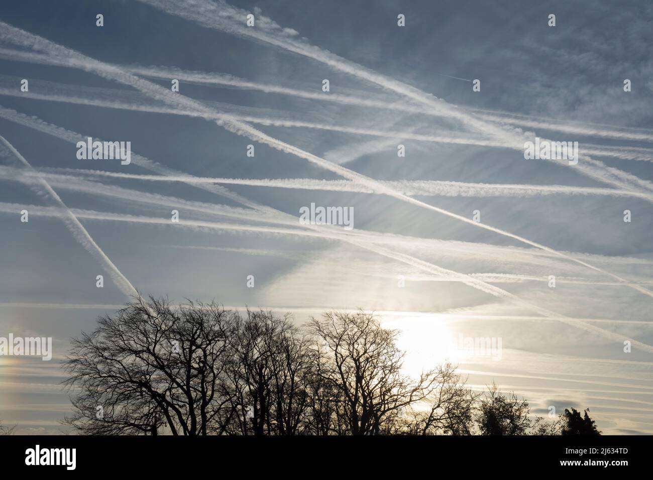 many contrails, vapour trails in dawn sky on flightpath, air polutuion, global warming, over West Sussex, UK Stock Photo