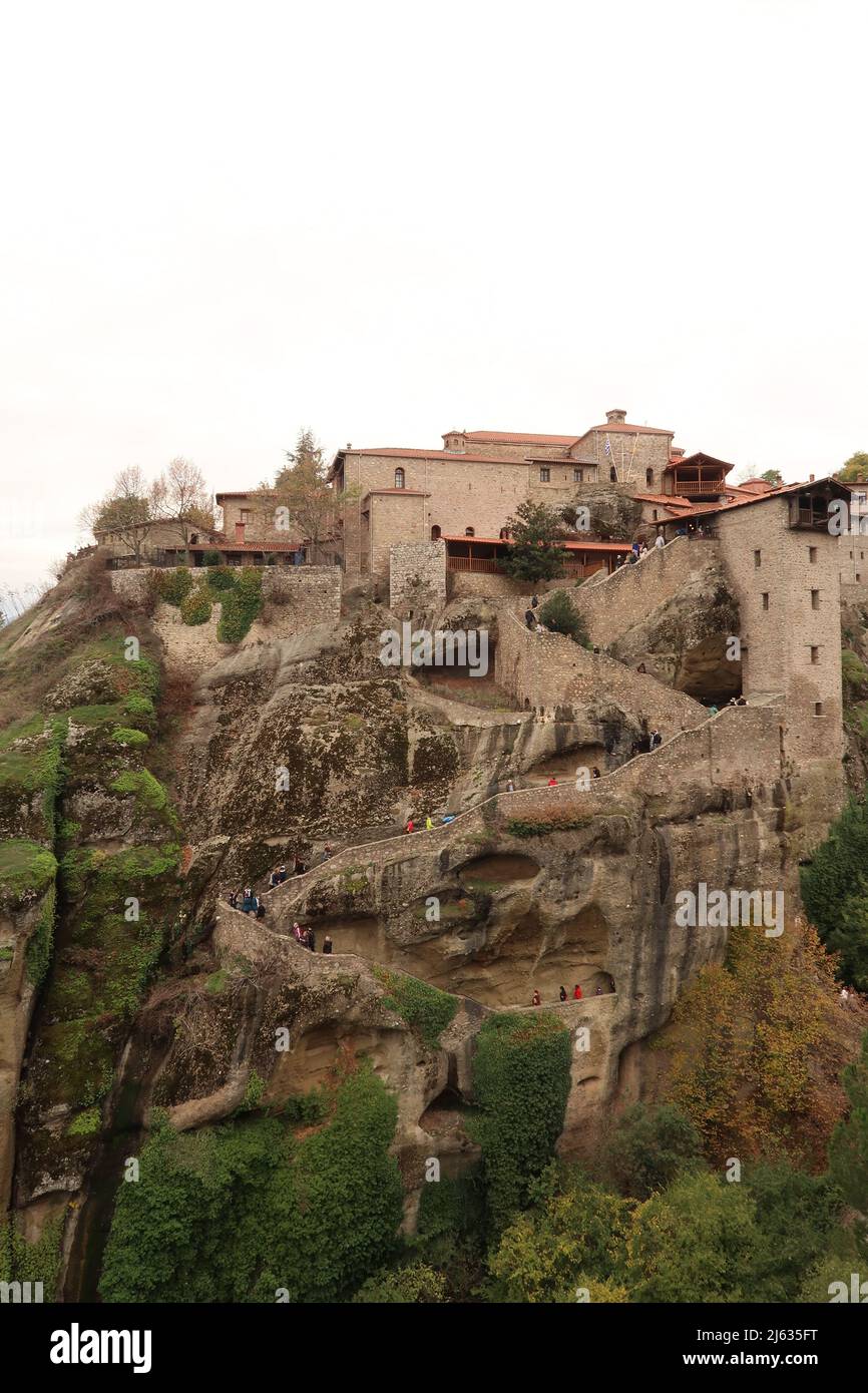 Vertikal shot of the Holy Monastery of Great Meteoron, built on top of ...
