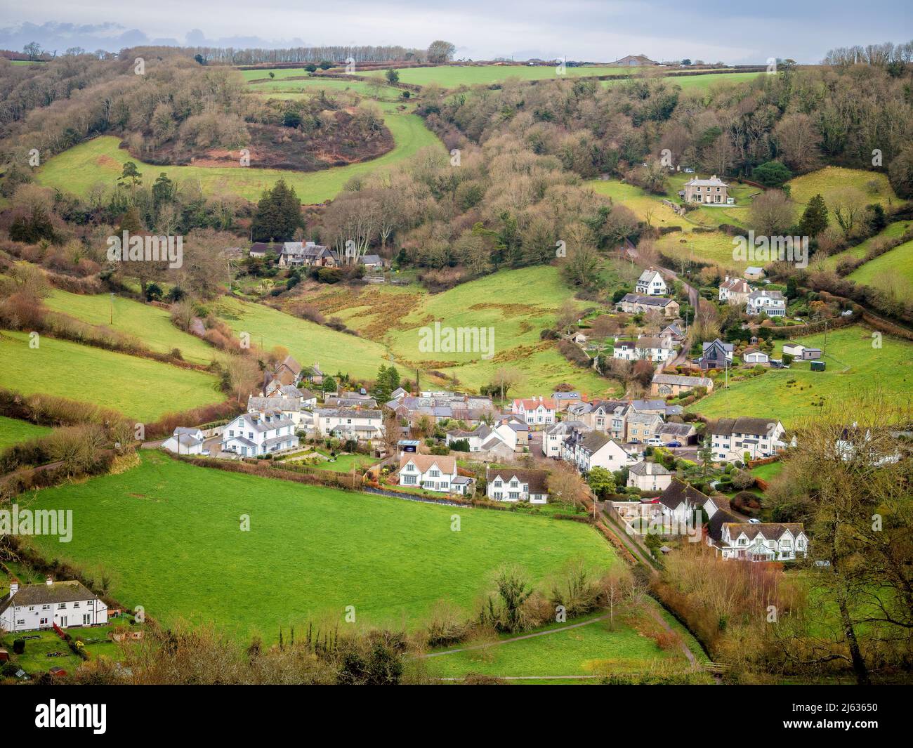 The view across Branscombe from the cliffs Stock Photo