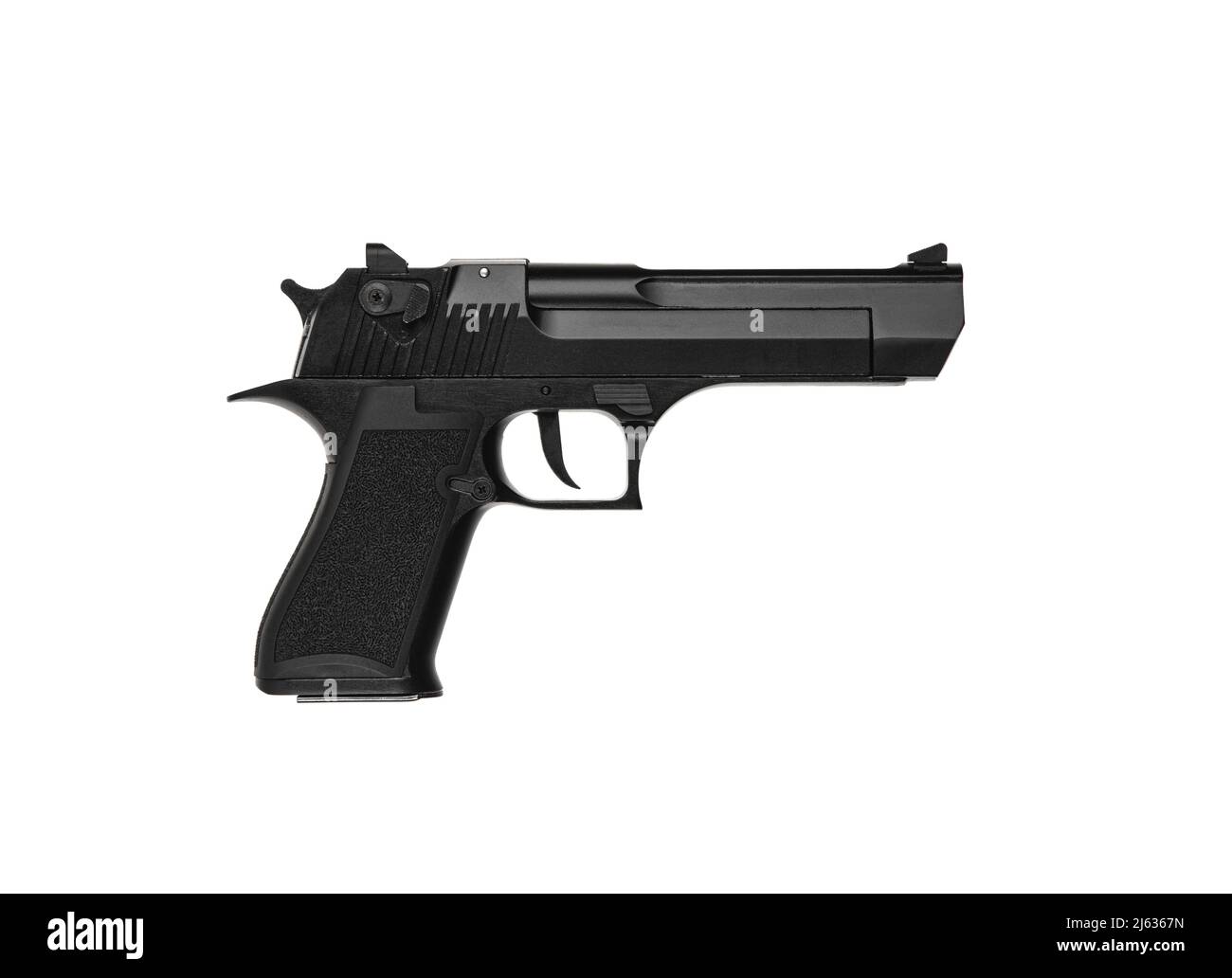 Modern semi-automatic pistol. A short-barreled weapon for self-defense. Arming the police, special units and the army. Isolate on a white background. Stock Photo