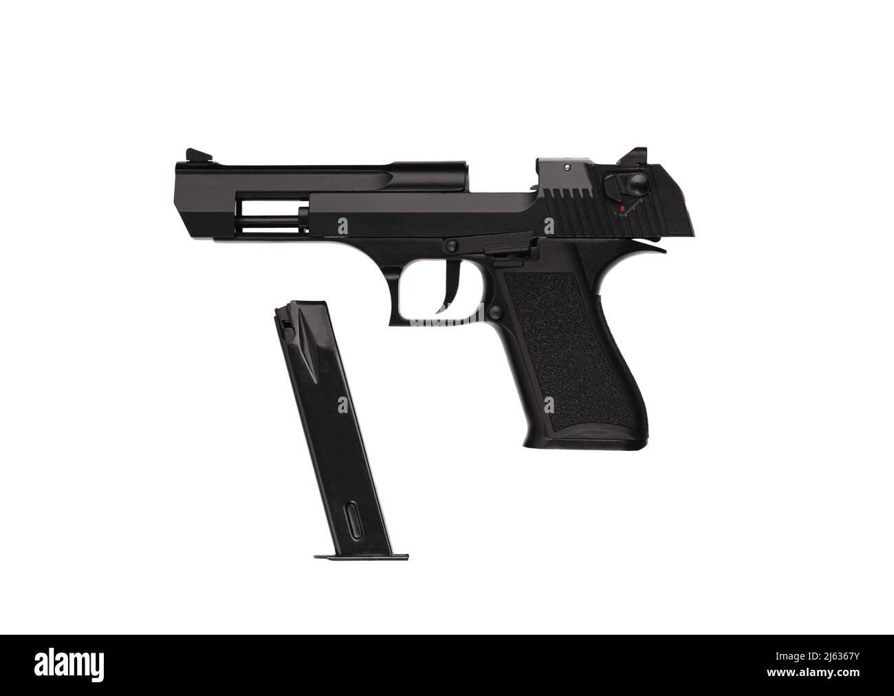 Modern semi-automatic pistol. A short-barreled weapon for self-defense. Arming the police, special units and the army. Isolate on a white background. Stock Photo