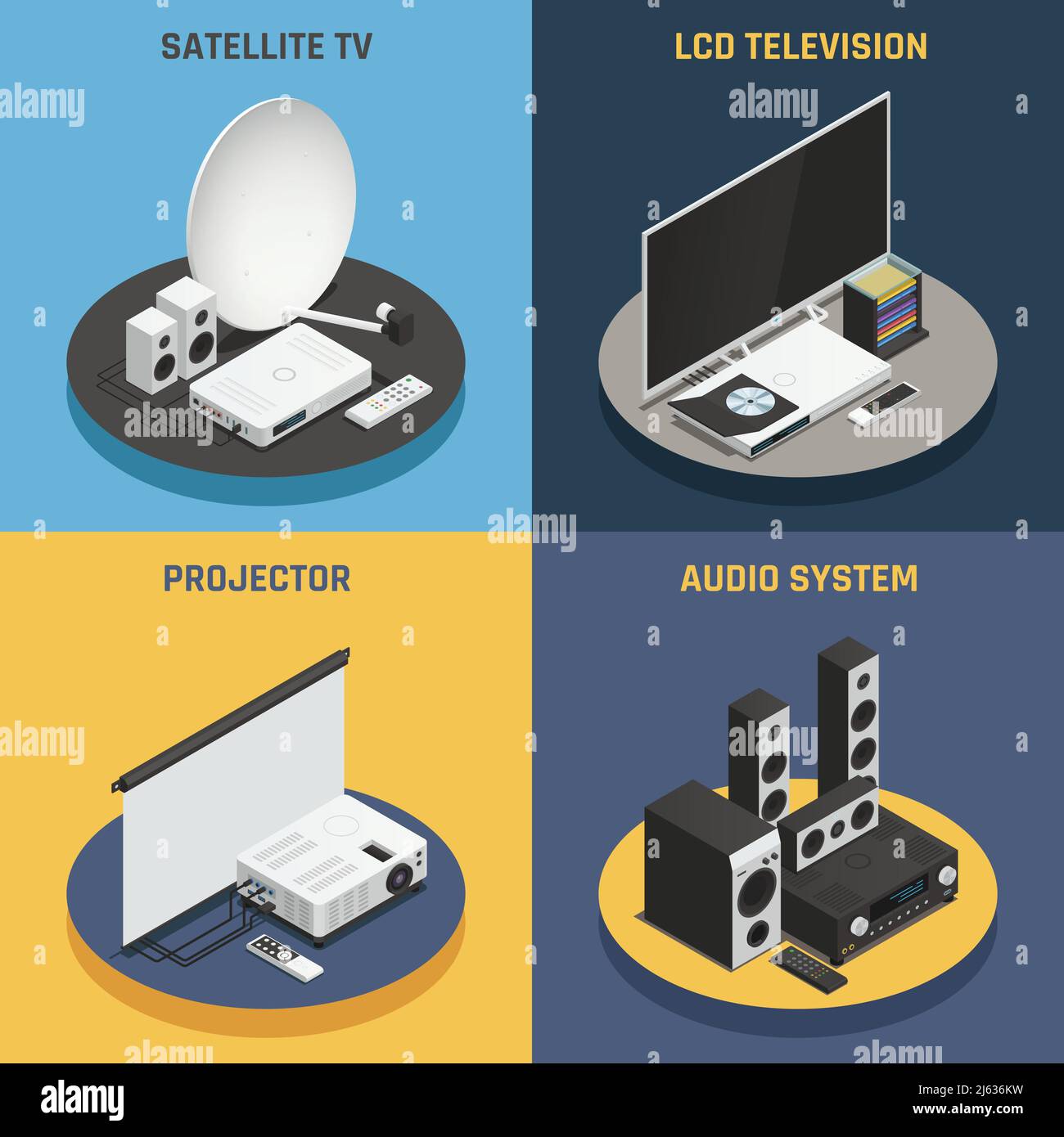 Home theater system projector and satellite 2x2 isometric icons set
