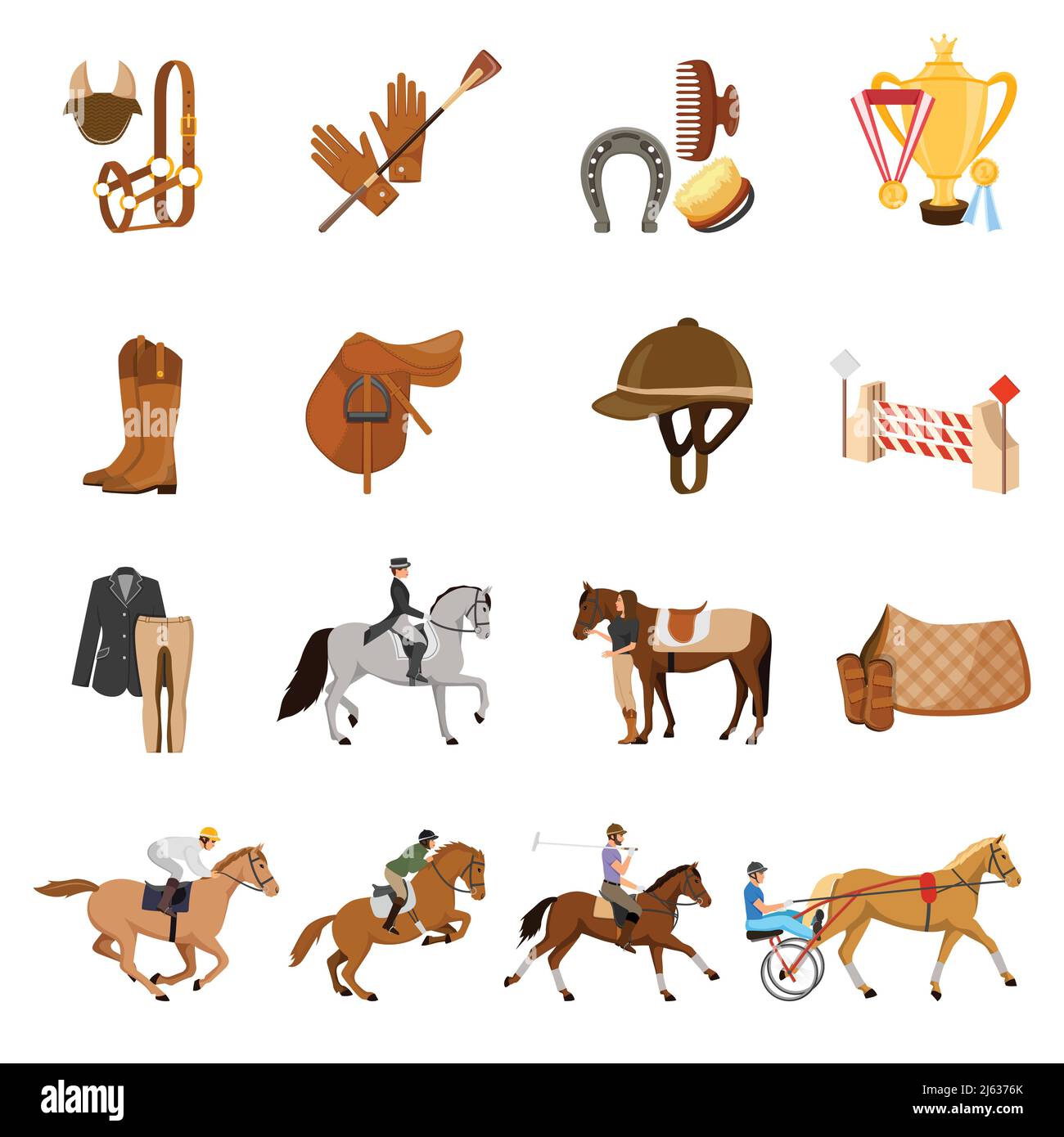 Equestrian sport set of flat icons with trotters, horse gear, care ...