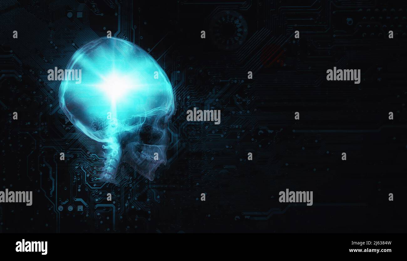 Skull profile silhouette and motherboard background. Stock Photo