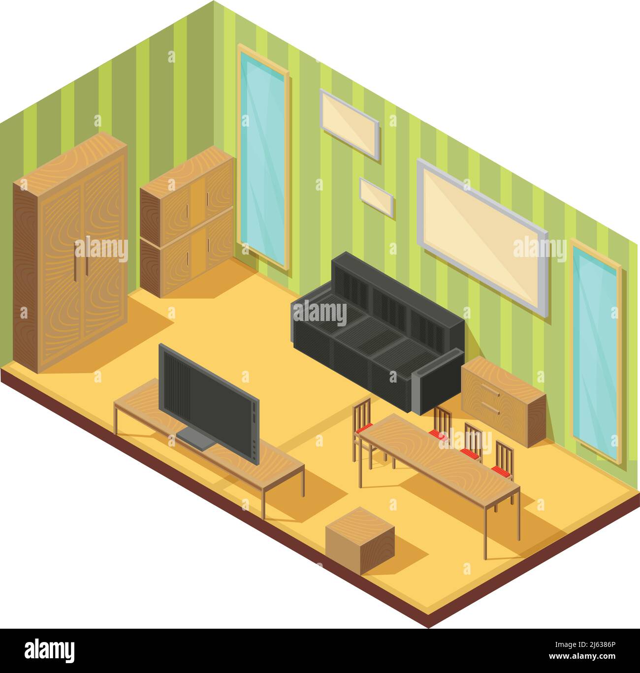 Isometric furniture composition of living room cabinetry tables hanging ...