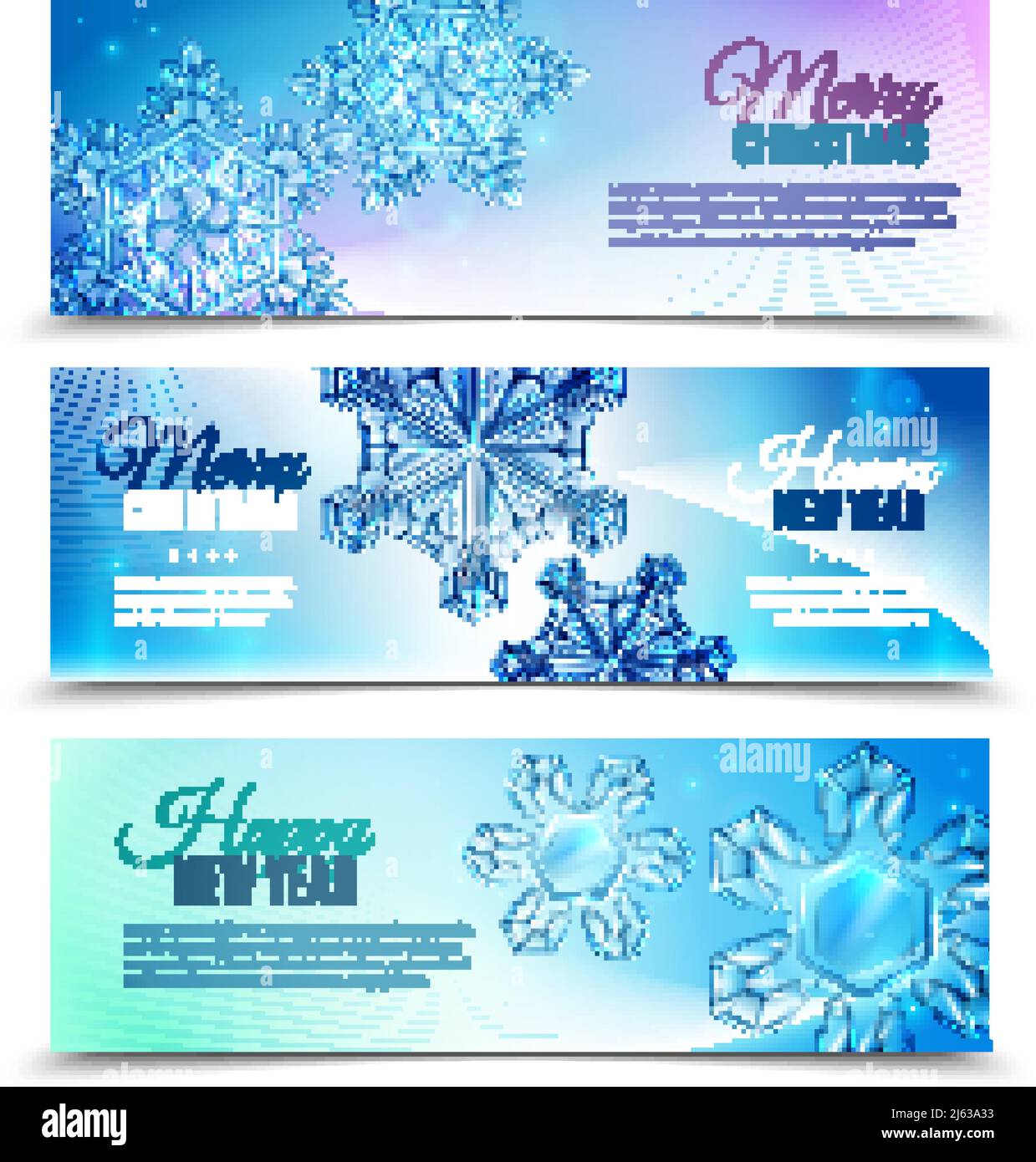 Three horizontal realistic snowflake banner set with marry Christmas ...