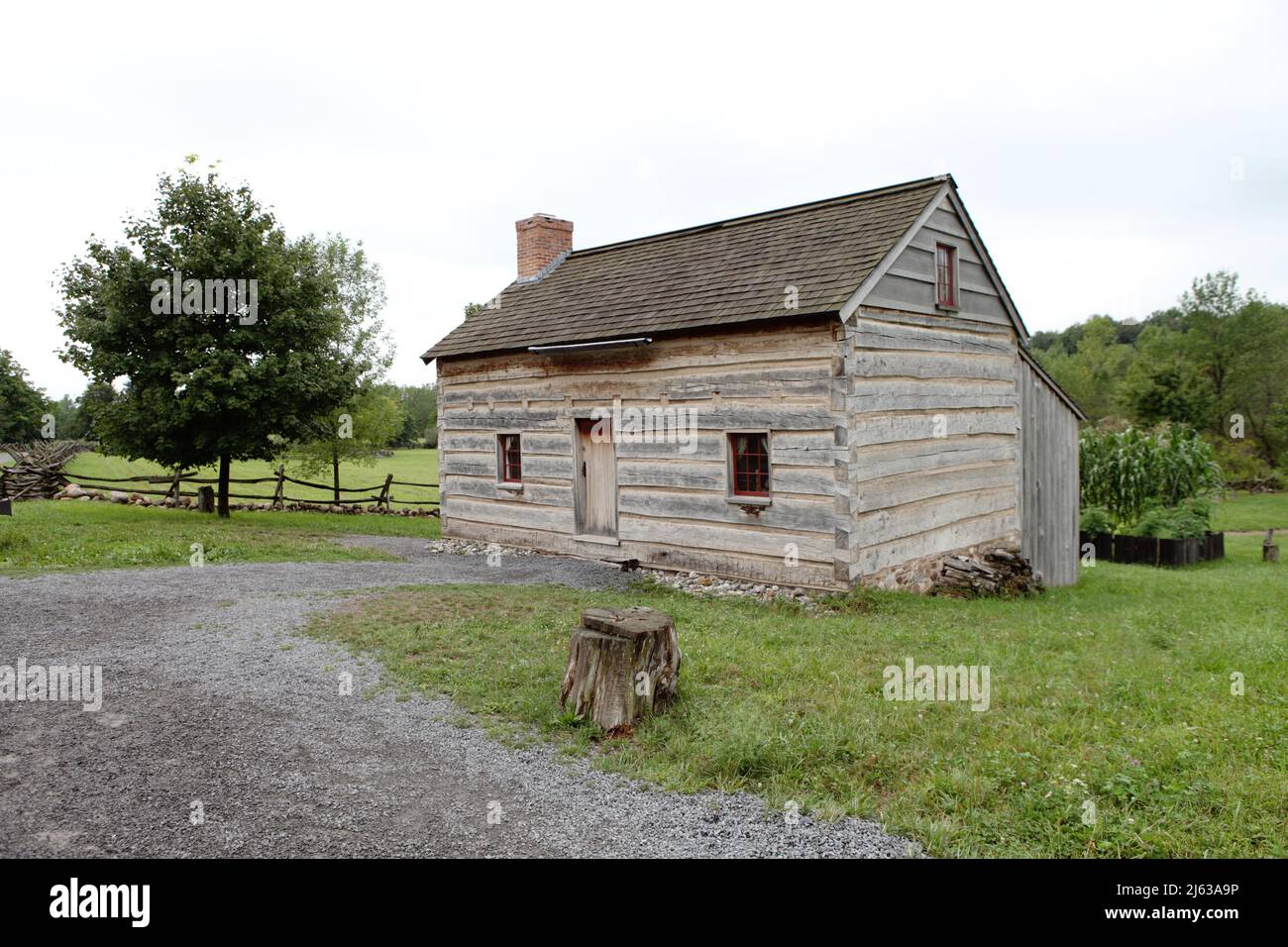 The Joseph Smith Boyhood home in Palmyra New York.  A log house constructed from local hardwoods, using dovetail construction. Stock Photo