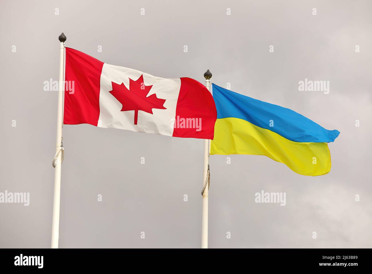 Canada and Ukraine national flags waving in wind against cloudy sky. Ukrainian and Canadian Flag Stock Photo