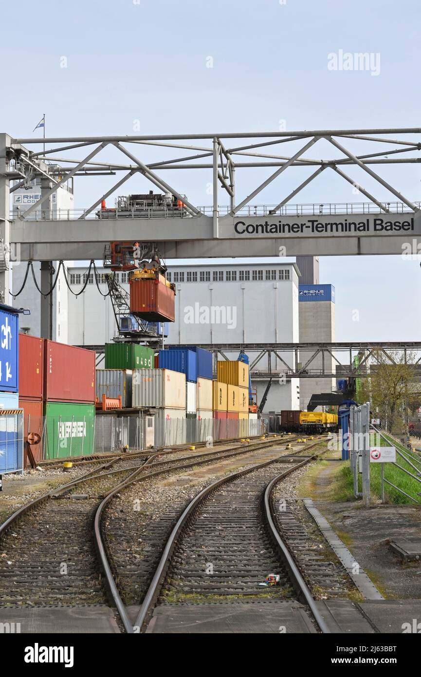 Basel, Switzerland April 2022 Heavy crane in the city's container terminal used for lifting