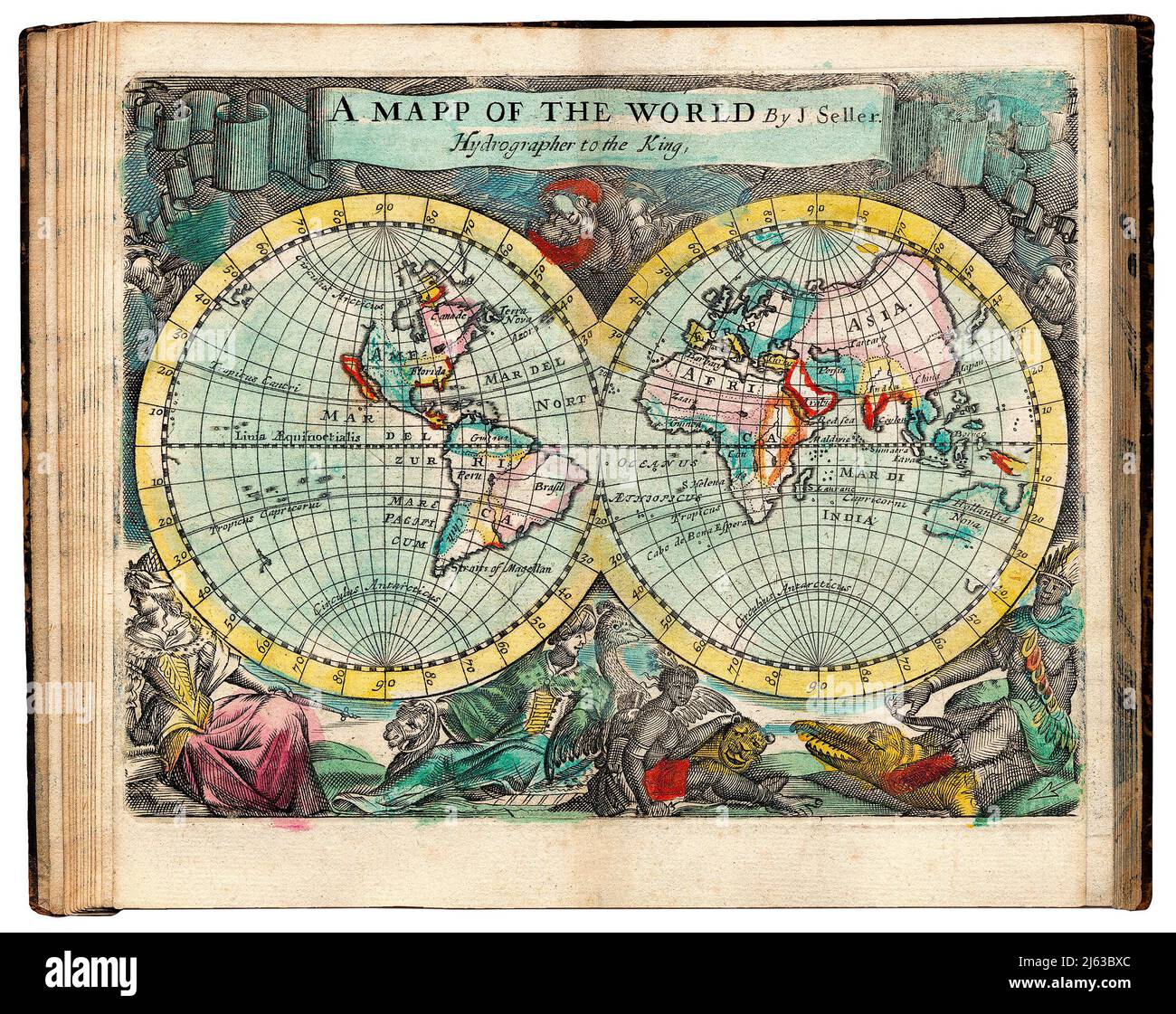 World Map 1682 by John Seller in Atlas format. Stock Photo