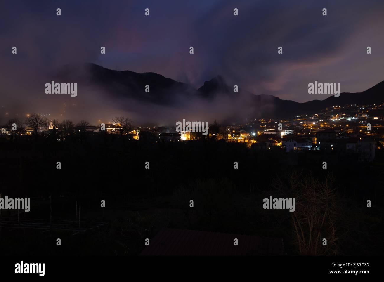 Night photography of a village in the mountains near Amalfi coast Stock Photo