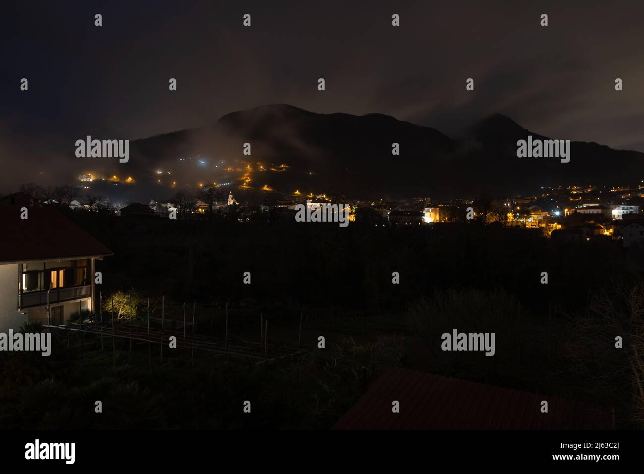Night photography of a village in the mountains near Amalfi coast Stock Photo