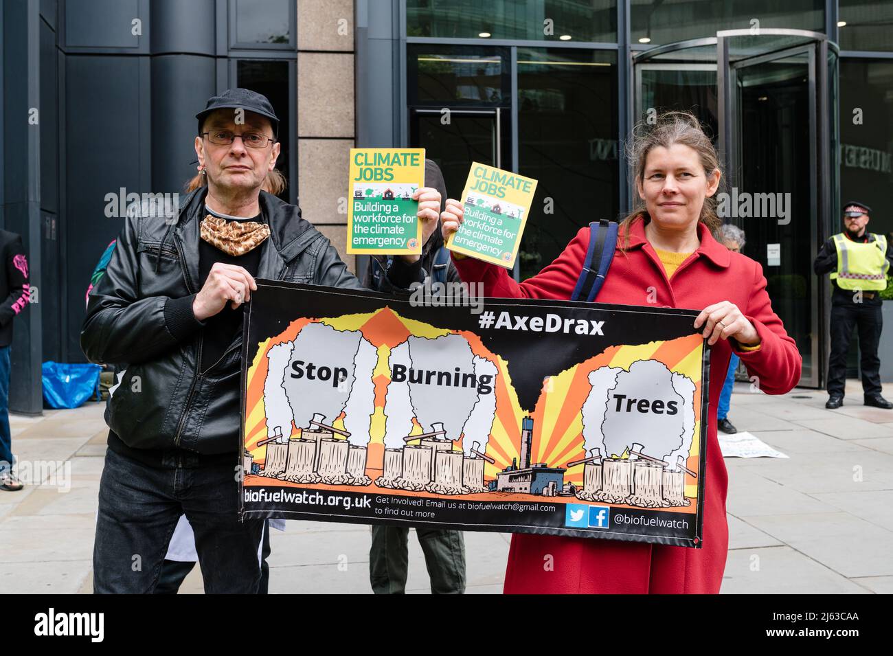 London, UK. 27 April 2022. Environmental campaigners protest at the Drax AGM Stock Photo