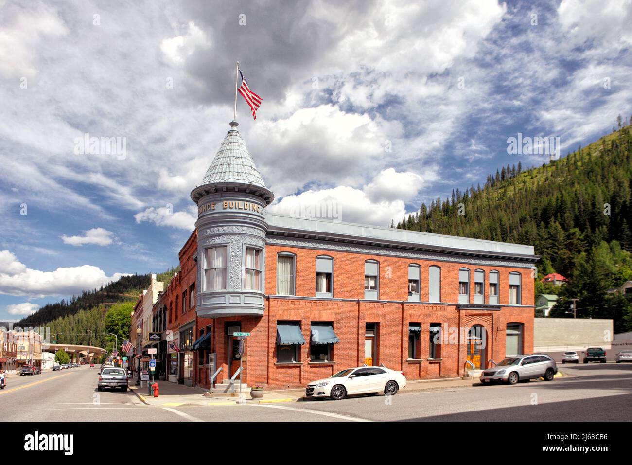 The intersection of Sixth and Bank Streets in Wallace, Idaho, United States. The buildings pictured are part of the Wallace Historic District, which i Stock Photo