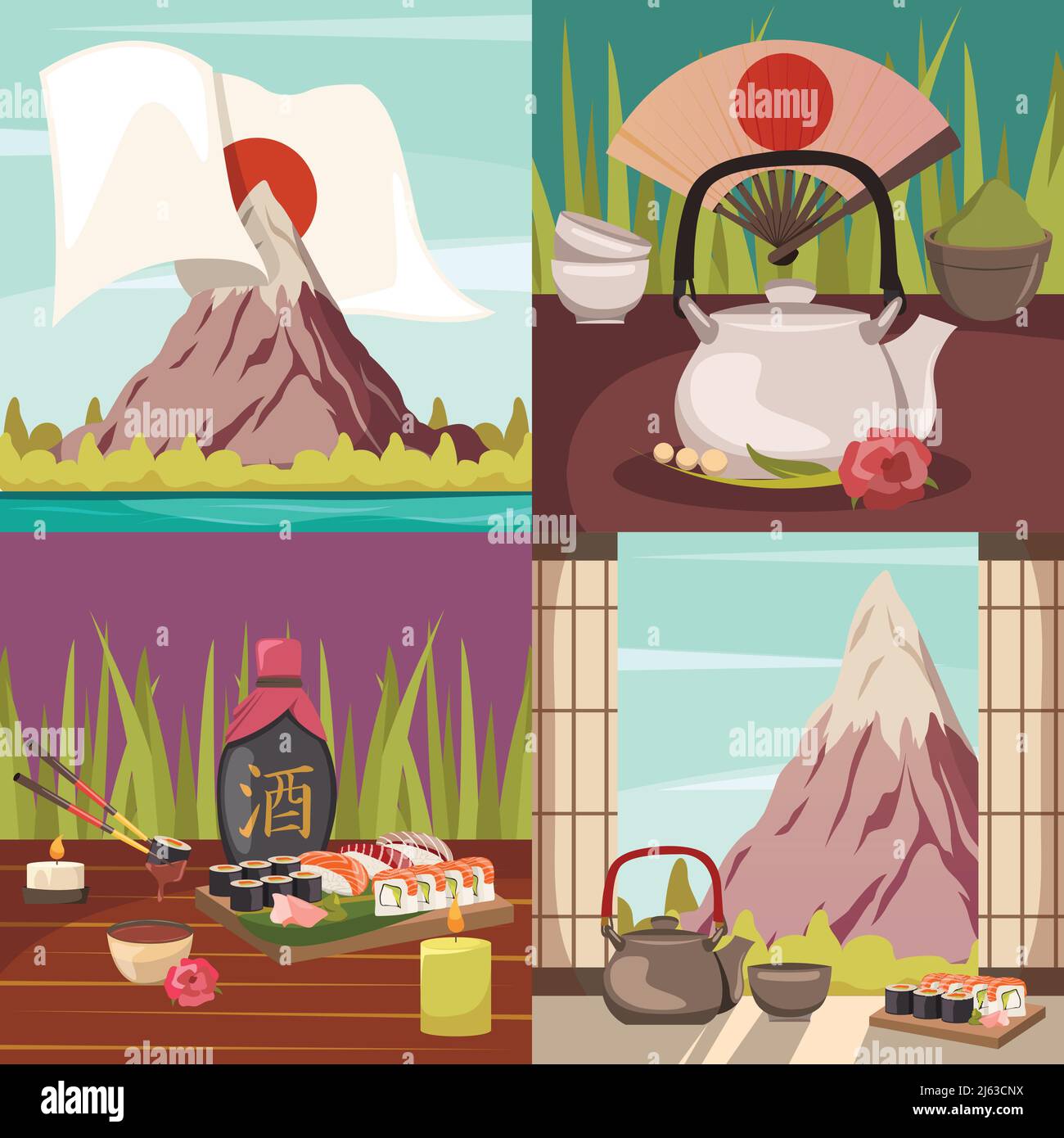 Japanese culture traditions cuisine 4 orthogonal icons square with tea