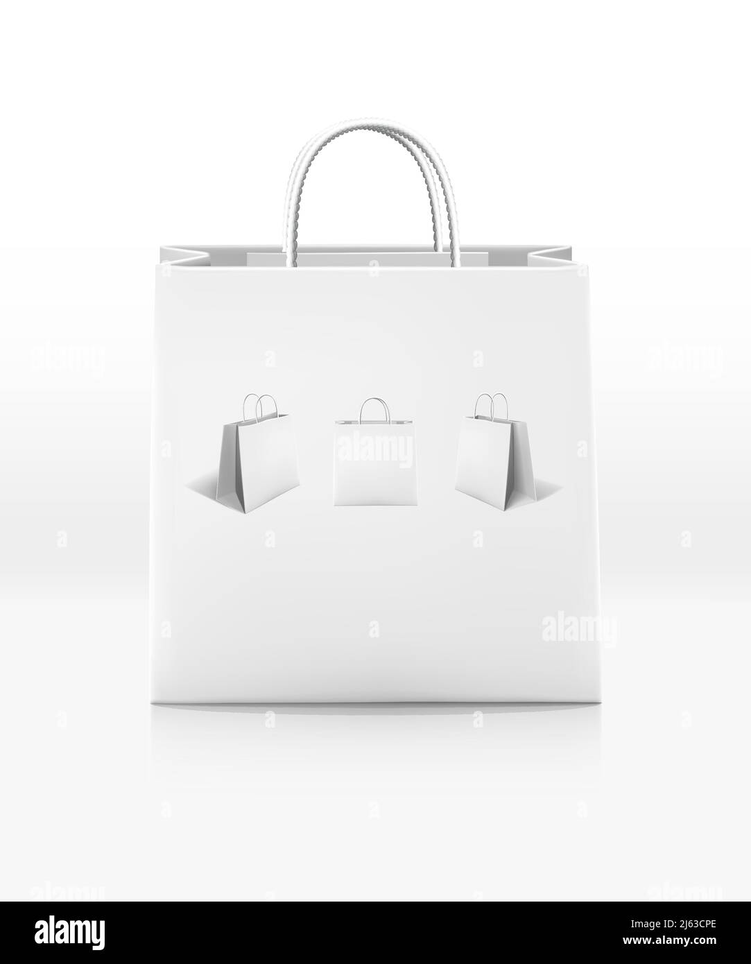 realistic vector icon. White shopping paper bag with rope handles ...
