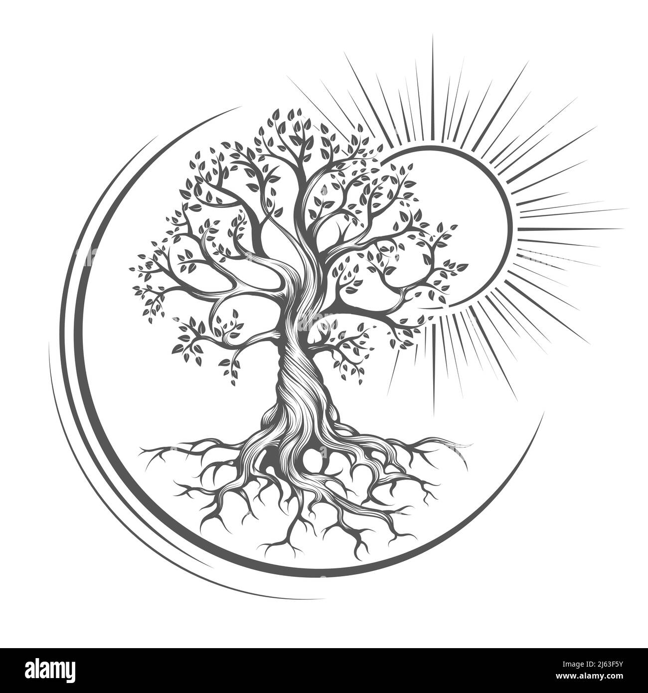 Tattoo of Tree of Life Esoteric Drawn in Engraving Style isolated on white. Vector Illustration. Stock Vector