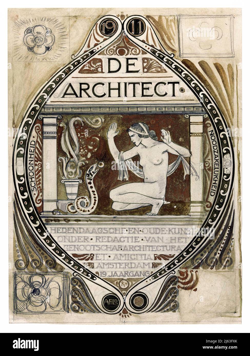 Art - Richard Nicolaus Roland Holst painting - Ontwerp voor de omslag van De Architect (1878 - 1938) Stock Photo