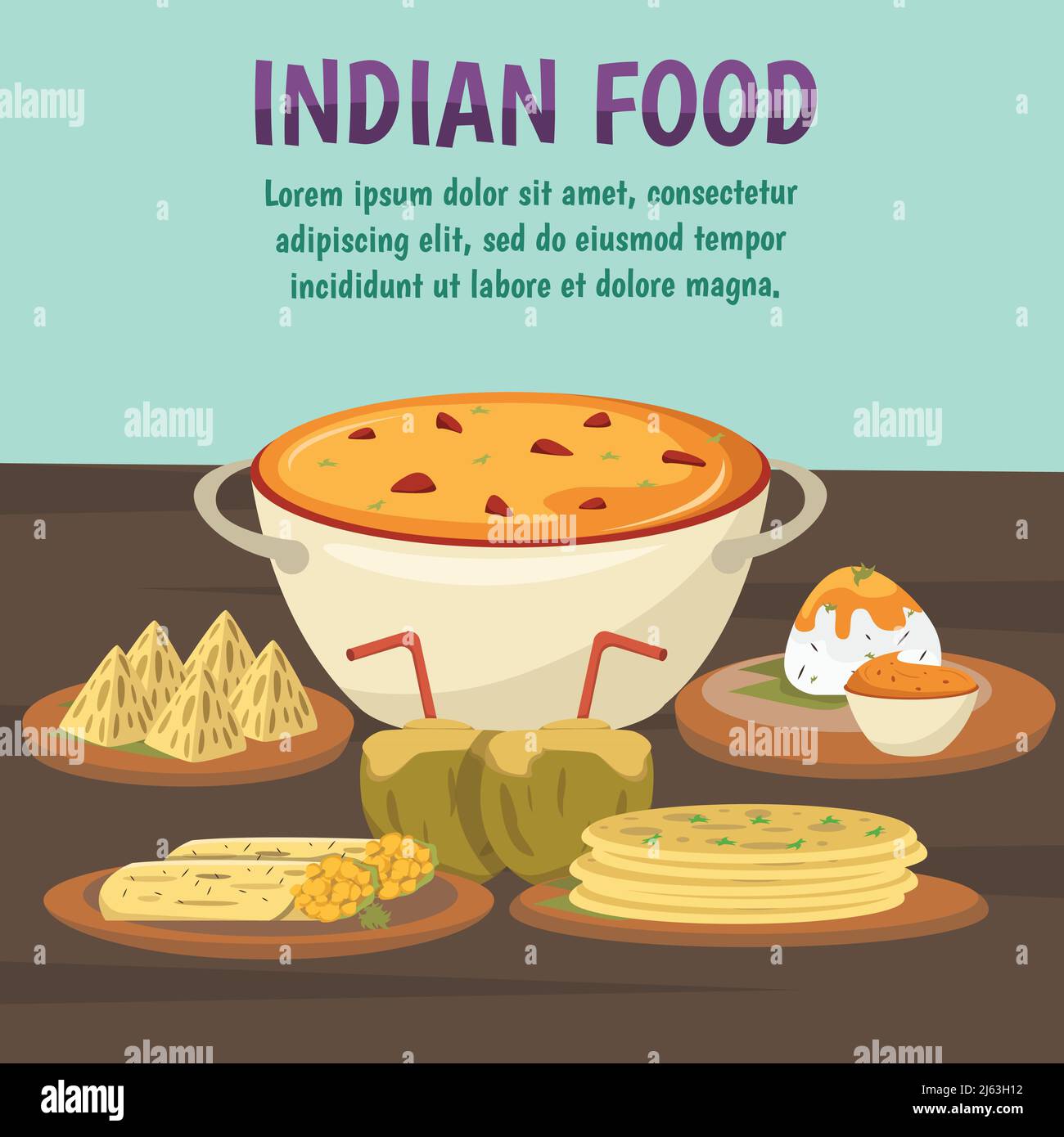 Exotic asian food background with popular dishes of Indian cuisine khichdi chapatis gulab jamun flat vector illustration Stock Vector