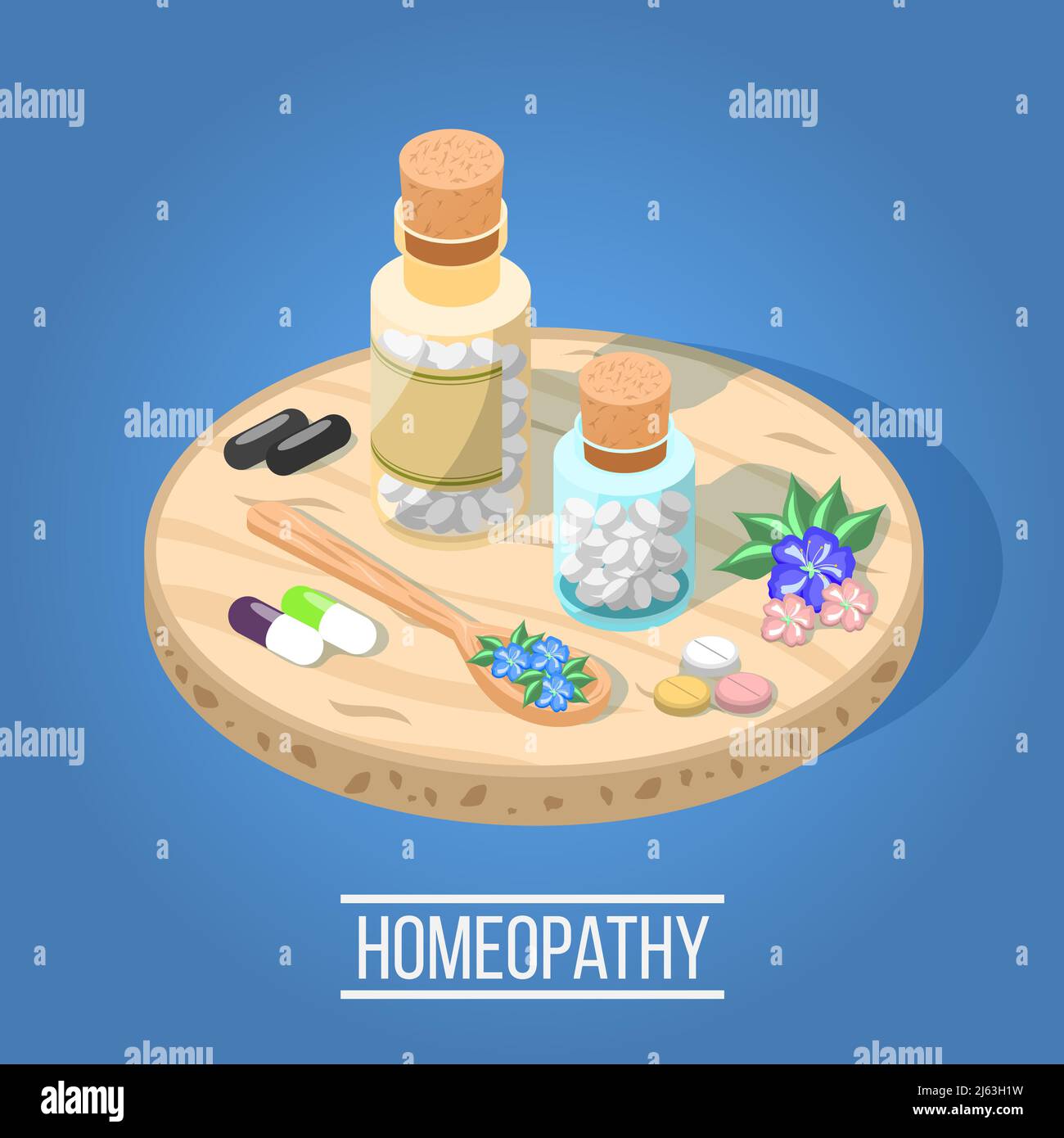 Alternative medicine isometric composition with homeopathic herbal pills bottles with capsules icons located on wooden tray vector illustration Stock Vector