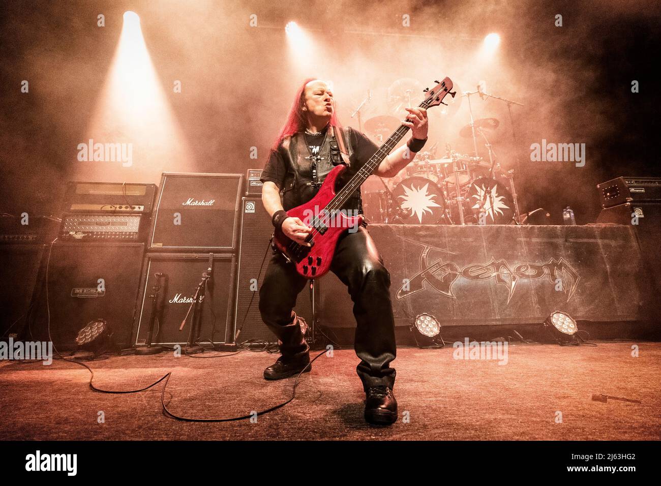 Oslo, Norway. 15th, April 2022. The British heavy metal band Venom performs  a live concert during the Norwegian metal festival Inferno Metal Festival  2022 in Oslo. Here bass player Conrad Lant, also
