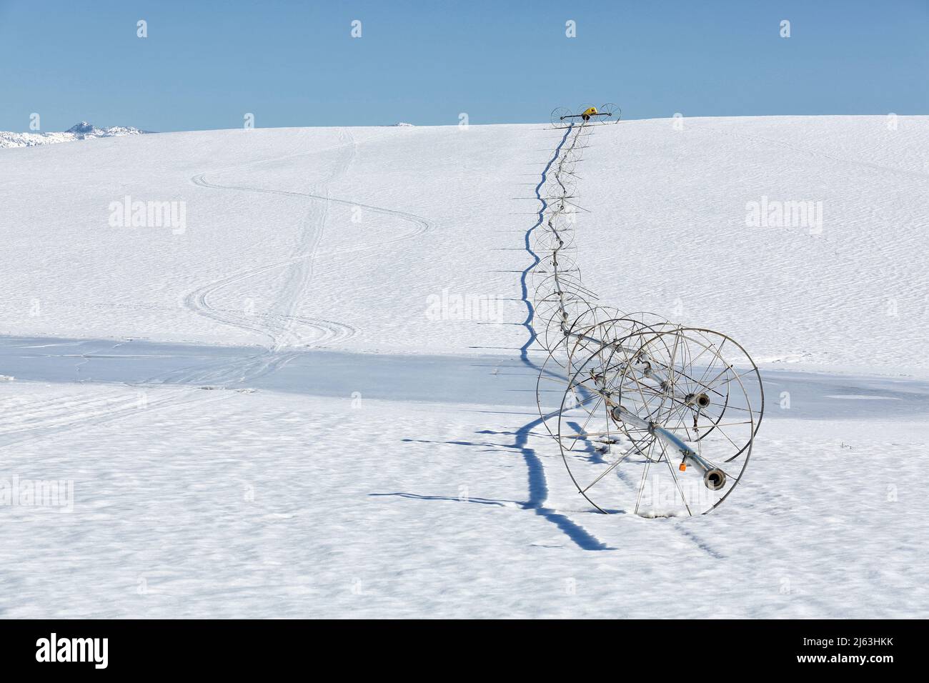 A wheel line sprinkler in a farm field, during winter with snow on the ground. Stock Photo