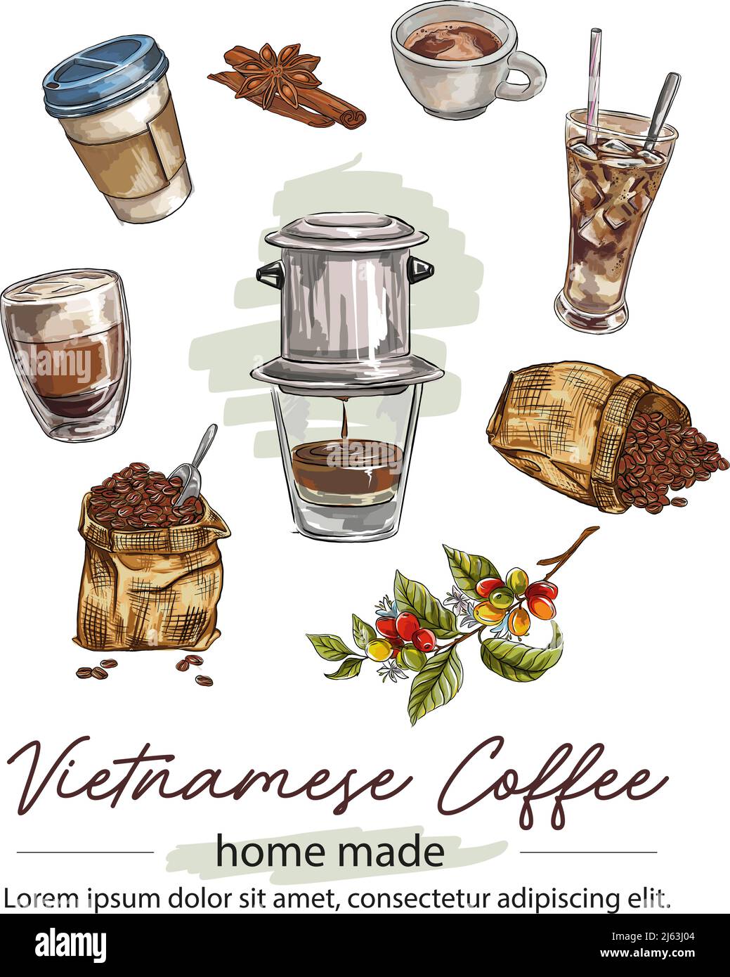 Hand drawn set of coffee beans, coffee cups with vietnamese coffee drip