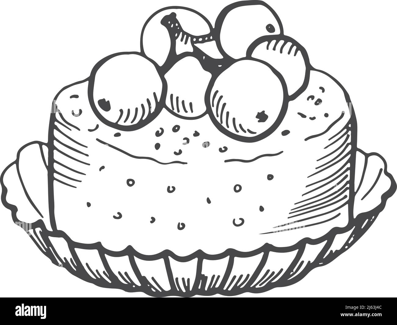 Blueberry cheesecake sketch. Hand drawn sweet dessert Stock Vector
