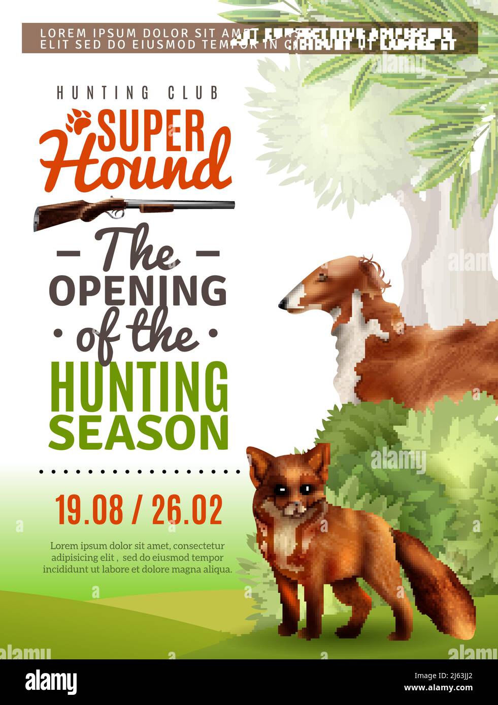 Opening of season in hunting club information poster with fox and greyhound, bushes and trees vector illustration Stock Vector