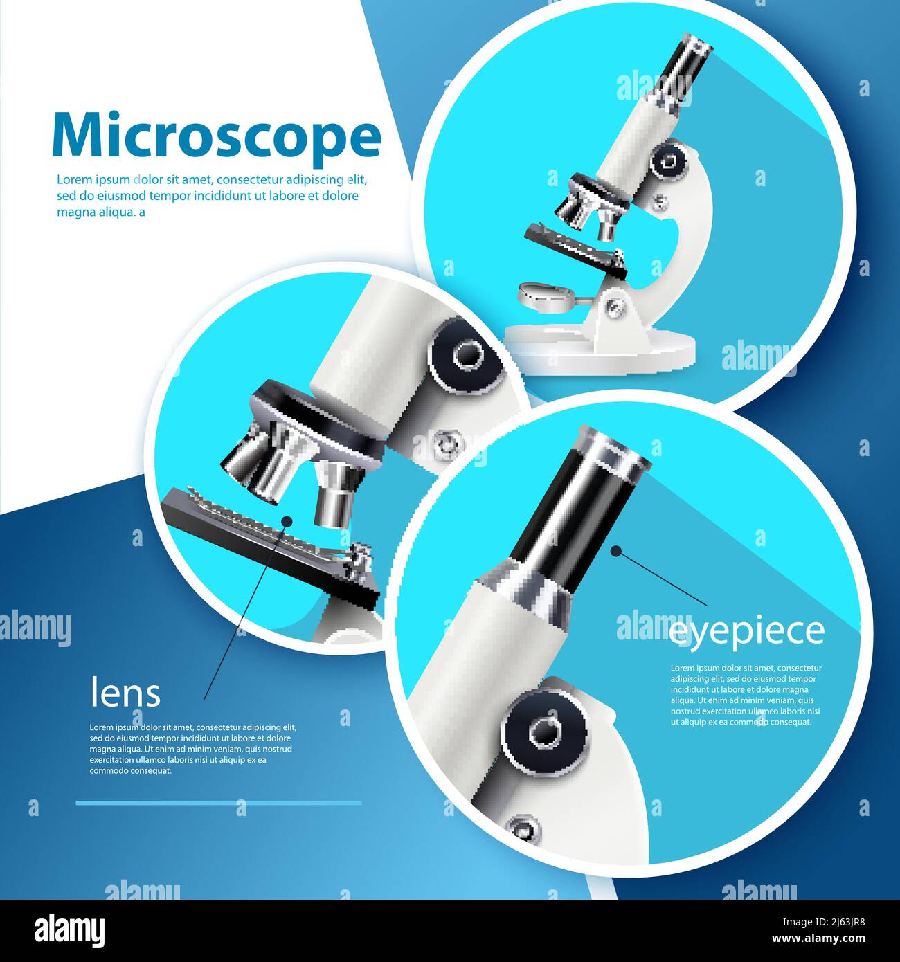Infographic colored and realistic blue microscope with pointer on lens