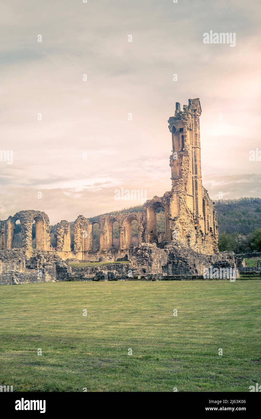 Moody landscape of ruins of the medieval Byland Abbey a former Cistercian monastery in the North Yorkshire Moors. Portrait image with copyspace. Stock Photo
