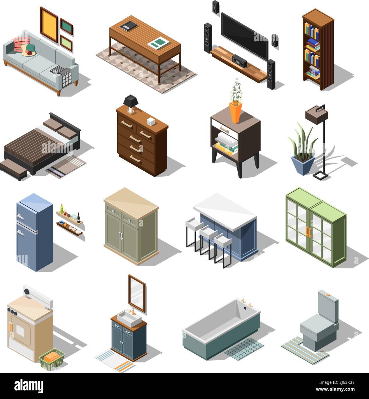 Isometric interior icons collection with sixteen isolated images of ...