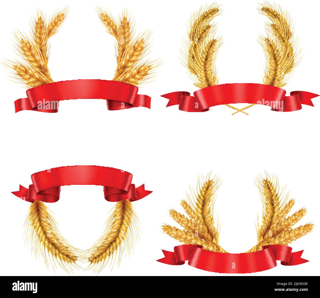 Set of realistic spikelet wreaths from wheat and barley with red glossy ribbons isolated vector illustration Stock Vector