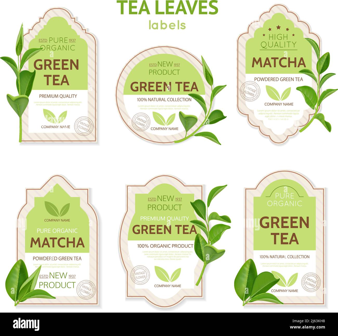 Set of labels of various shape with brand identity and realistic tea