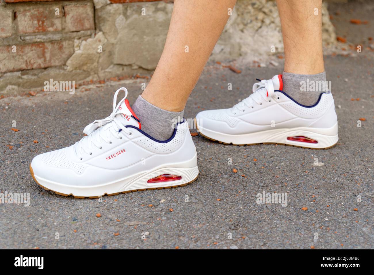Tyumen, Russia-April 27, 2022: New men sneakers logo white los angeles by  Skechers. Selective focus Stock Photo - Alamy