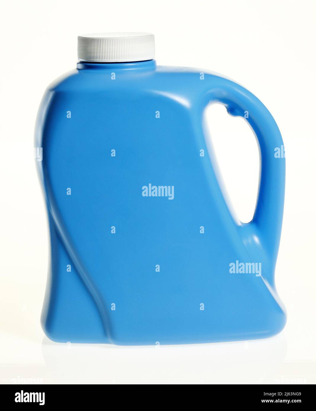 An empty, blue, unlabeled, plastic, gallon bottle used for cleaning solutions ans solvents. It is isolated on a white background. Stock Photo