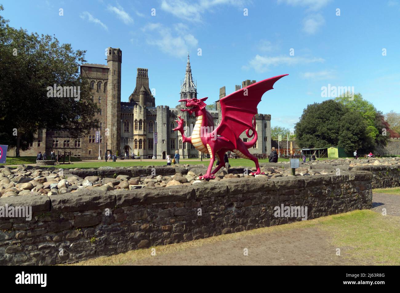 A Red Dragon photo opportunity statue at Cardiff Castle, Spring 2022. Welsh dragon. Stock Photo