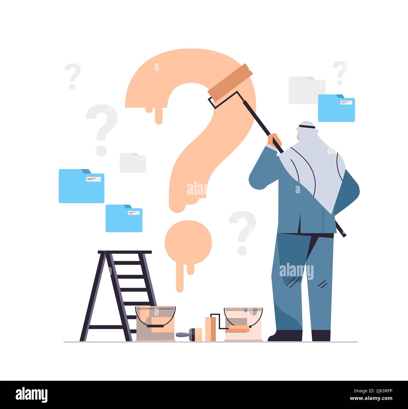 confused arab businessman painting question mark on wall frustration
