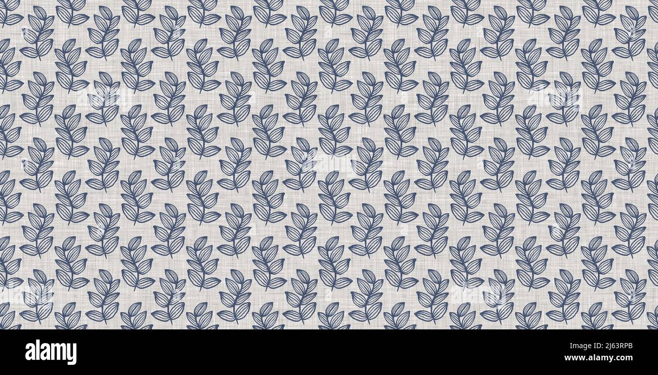 French blue botanical leaf linen seamless border with 2 tone country ...