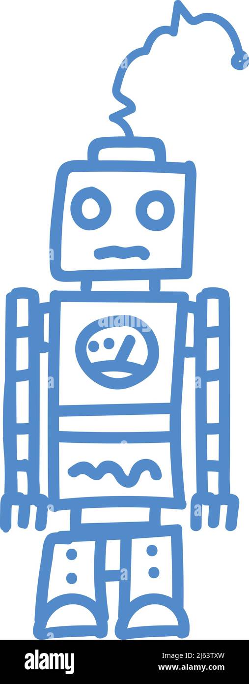 Robot doodle. Funny kid drawing. Mechanical cyborg Stock Vector