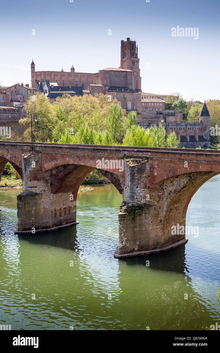 The Medieval Historic Town Centre of Albi, Occitanie, France, a UNESCO World Heritage Site, on the River Tarn, Cathedral on the Skyline over Bridge. Stock Photo