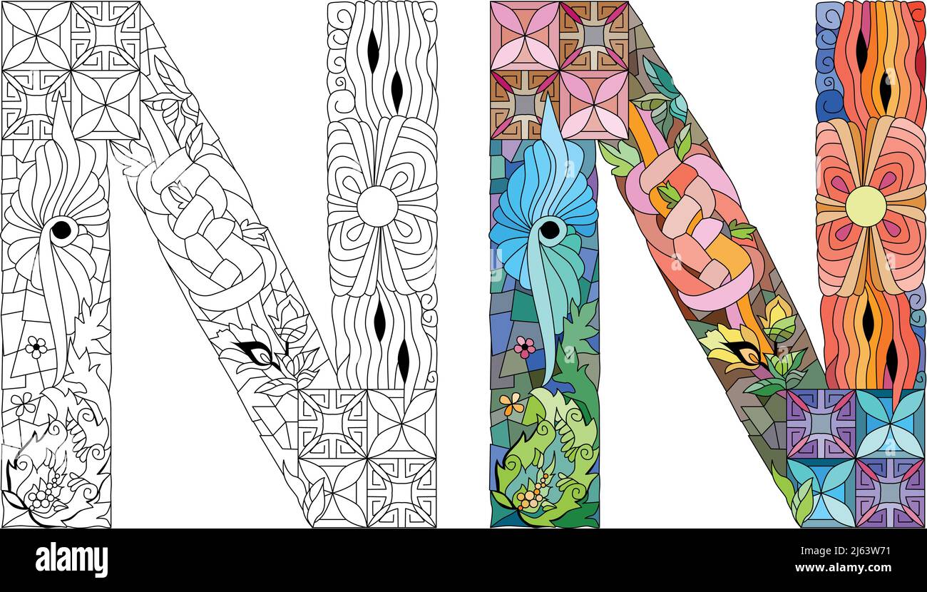 Zentangle stylized alphabet - letter N for coloring. Vector illustration. Ethnic pattern Stock Vector