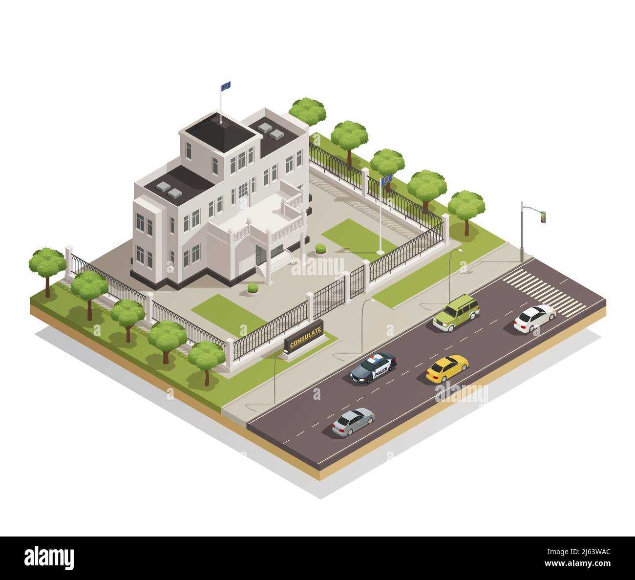 Historic white lime painted government building in city center and surrounding area architectural isometric composition vector illustration Stock Vector