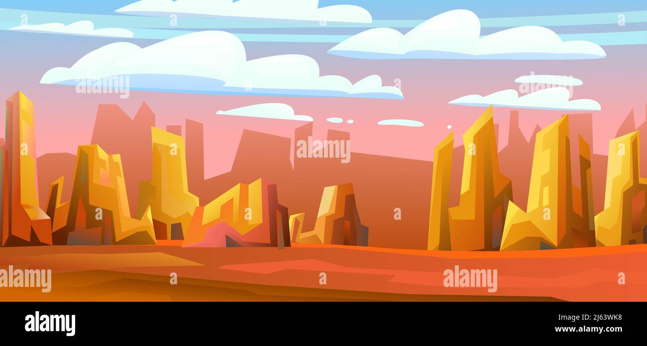 Rocky landscape. Sharp stone cliffs. View of an uninhabited planet. Red evening or morning. Horizontal illustration. Desert during the day. Vector. Stock Vector