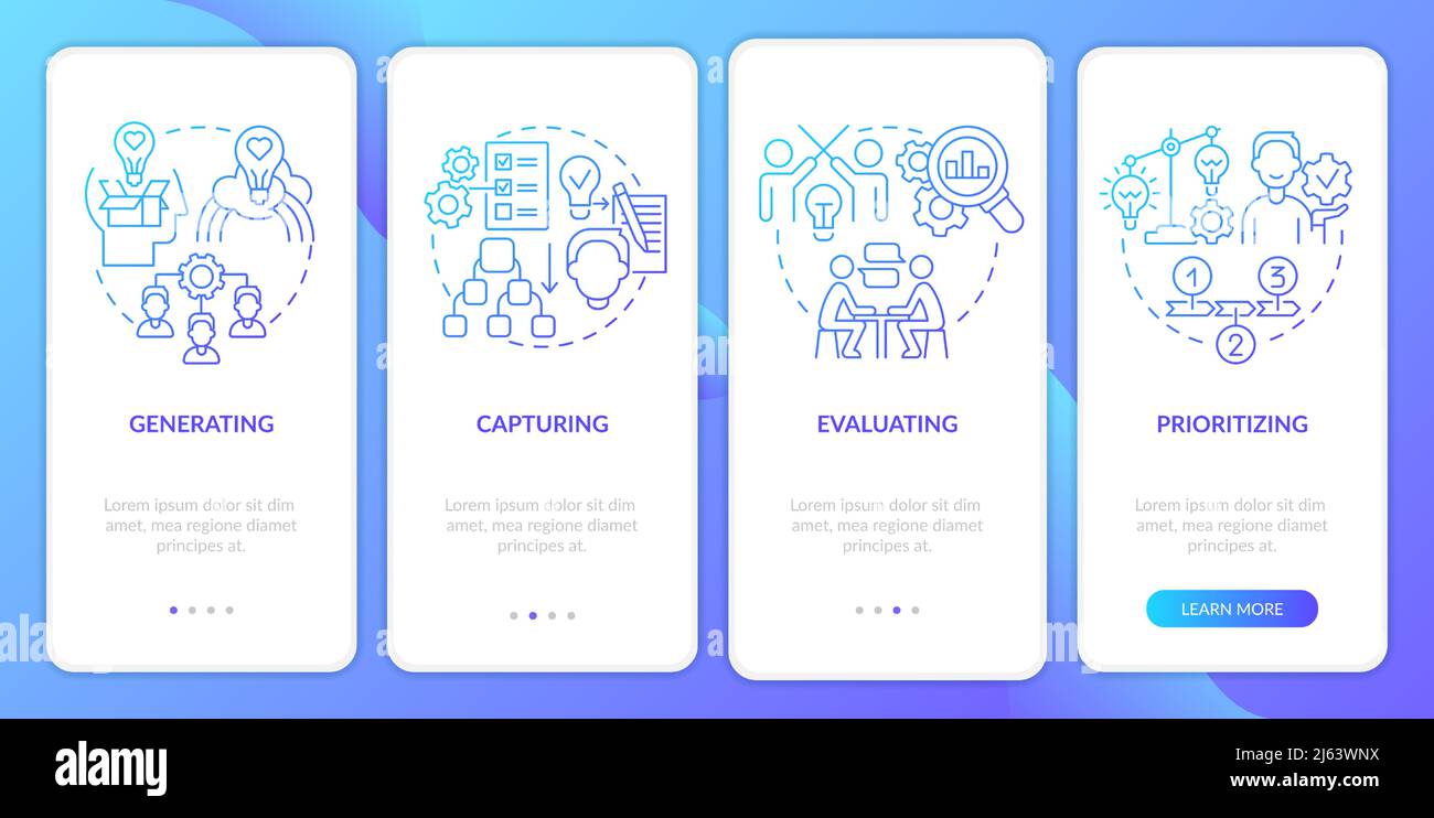 Innovation management phases blue gradient onboarding mobile app screen Stock Vector