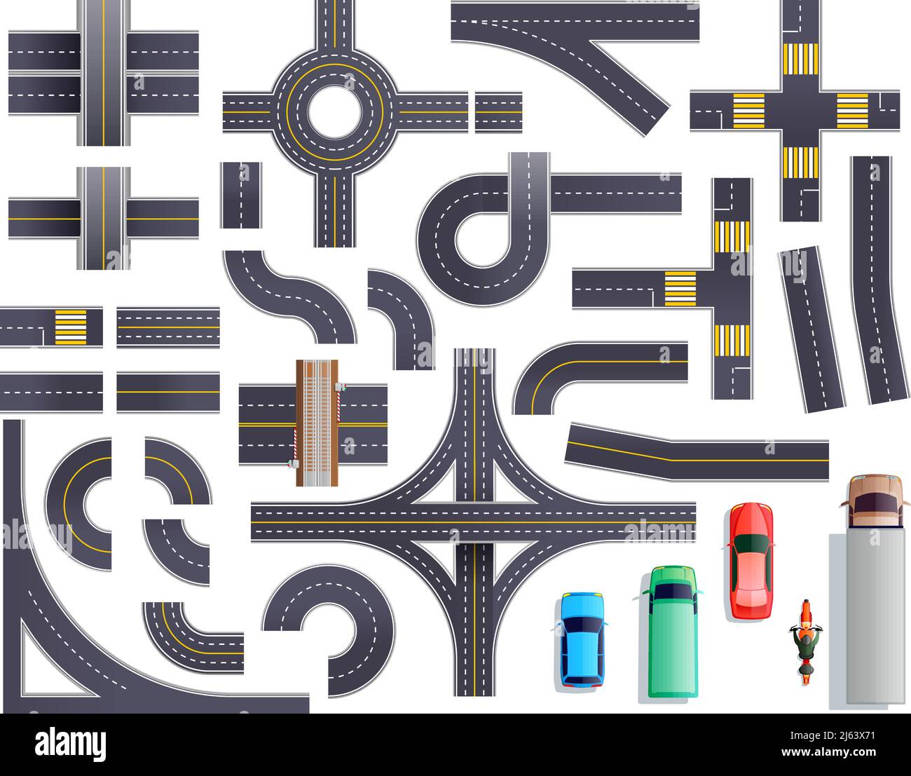 Set of road parts with roadside and marking including intersections, junctions, crosswalks, bridges, vehicles isolated vector illustration Stock Vector