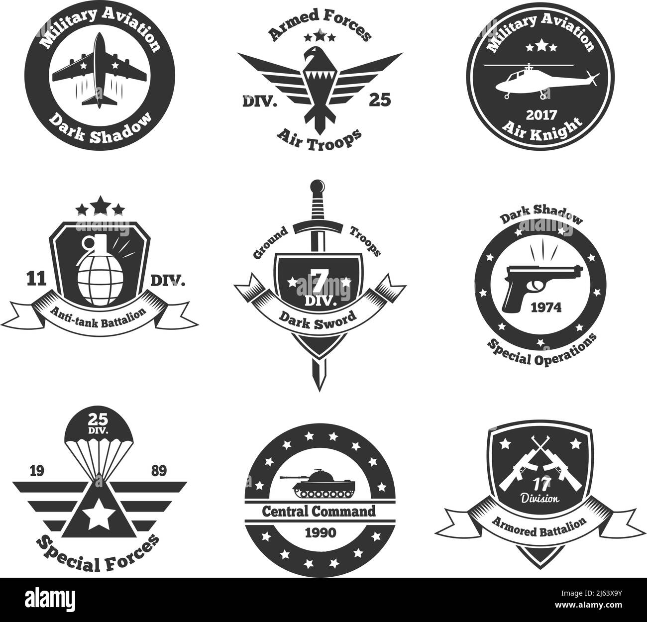 Set of nine isolated monochrome military emblems with images of war ...