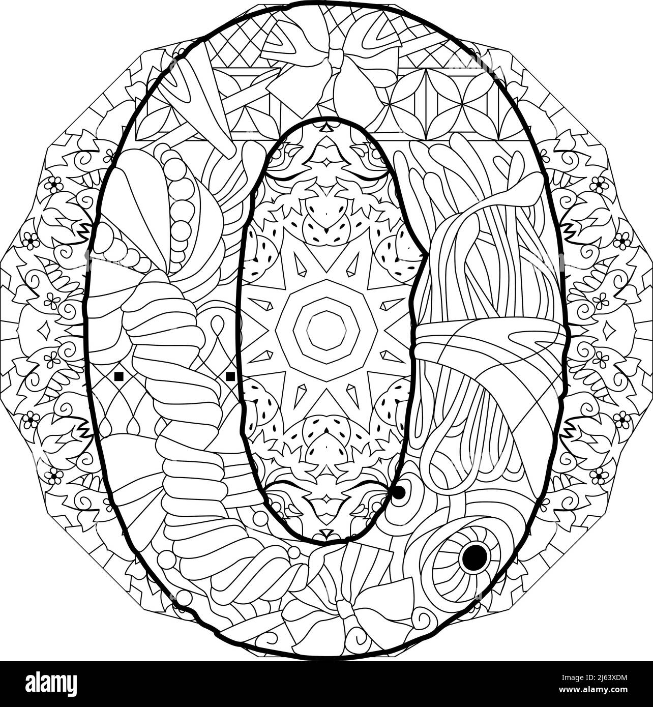 Zero number on mandala Isolated zentangle illustration for coloring Stock Vector